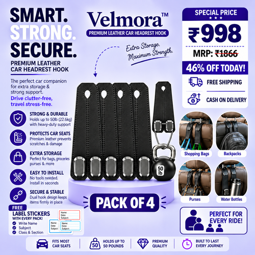 Velmora™ — Premium Leather Car Headrest Hook (Pack of 4)