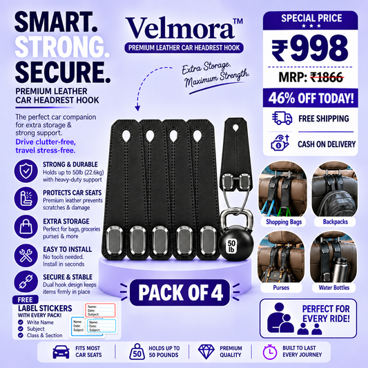 Velmora™ — Premium Leather Car Headrest Hook (Pack of 4)