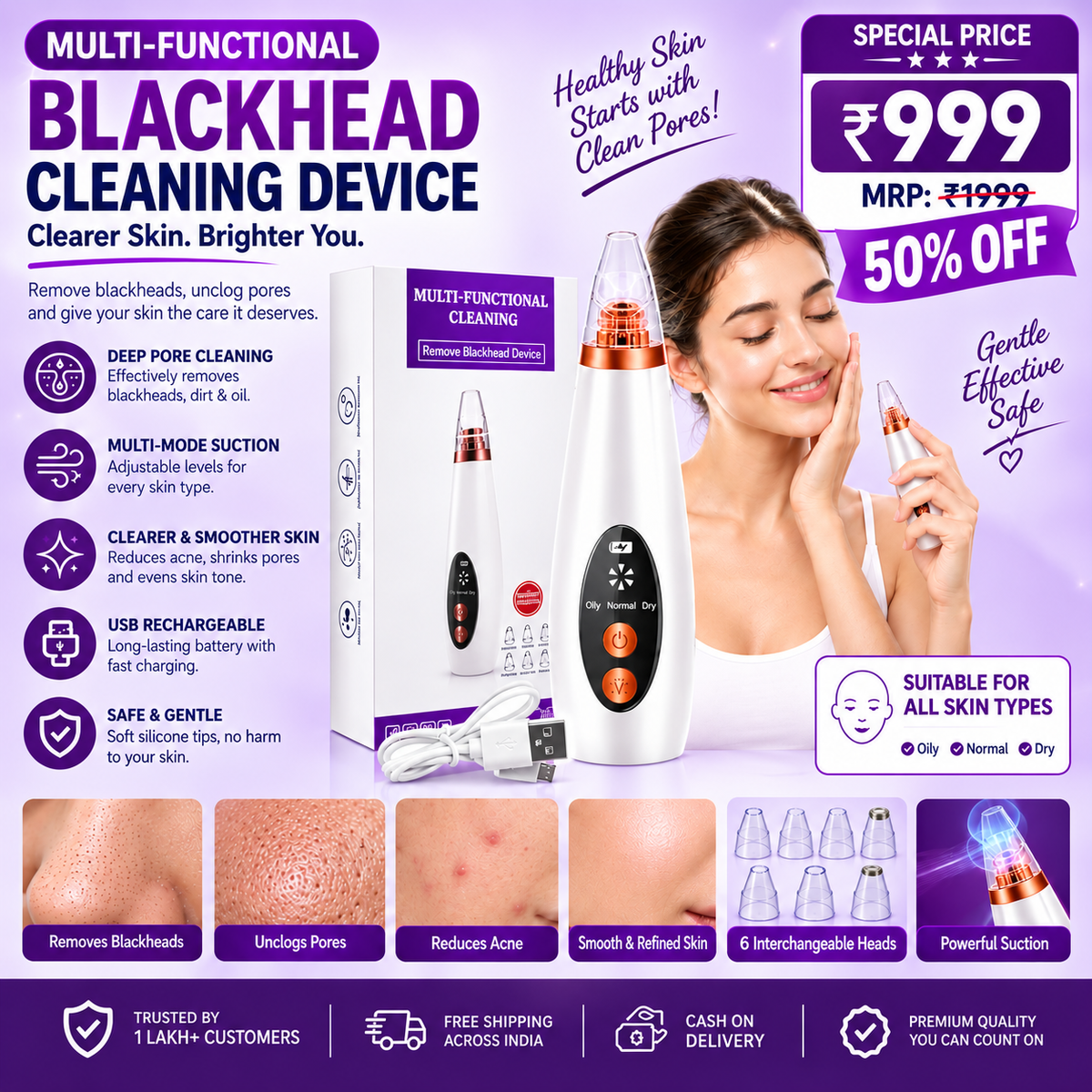 PureDerma 6-in-1 Electric Blackhead Remover & Pore Cleansing Device